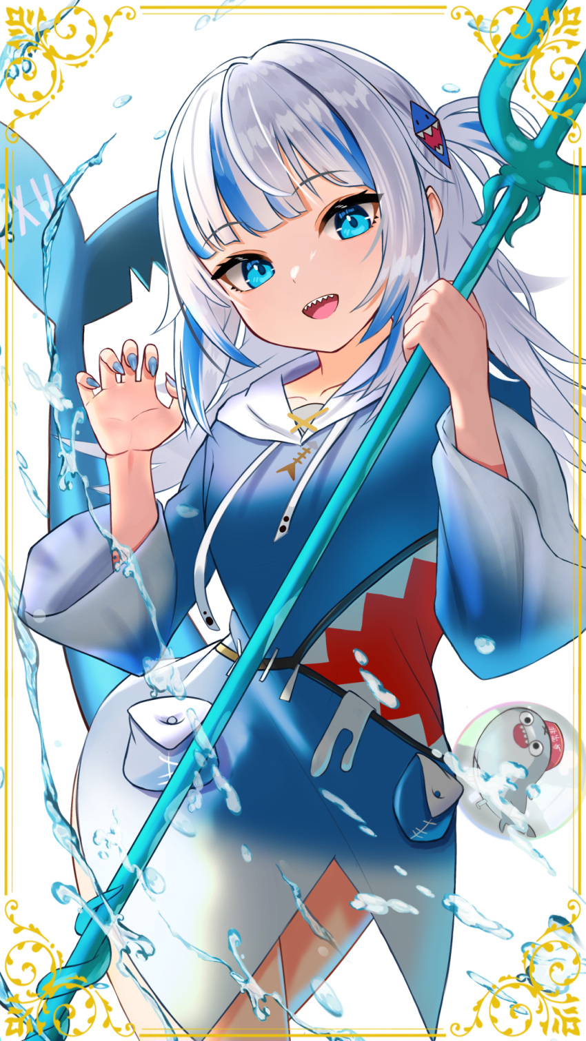 1girl bangs bloop_(gawr_gura) blue_eyes blue_hair blunt_bangs bubble claw_pose collarbone commentary_request drawstring eyebrows_visible_through_hair fish_tail gawr_gura hair_ornament highres holding holding_weapon hololive hololive_english hood hood_down inari_(ambercrown) long_hair long_sleeves looking_at_viewer multicolored_hair pocket polearm shark_hair_ornament shark_tail sharp_teeth streaked_hair tail teeth trident virtual_youtuber water weapon white_background white_hair wide_sleeves