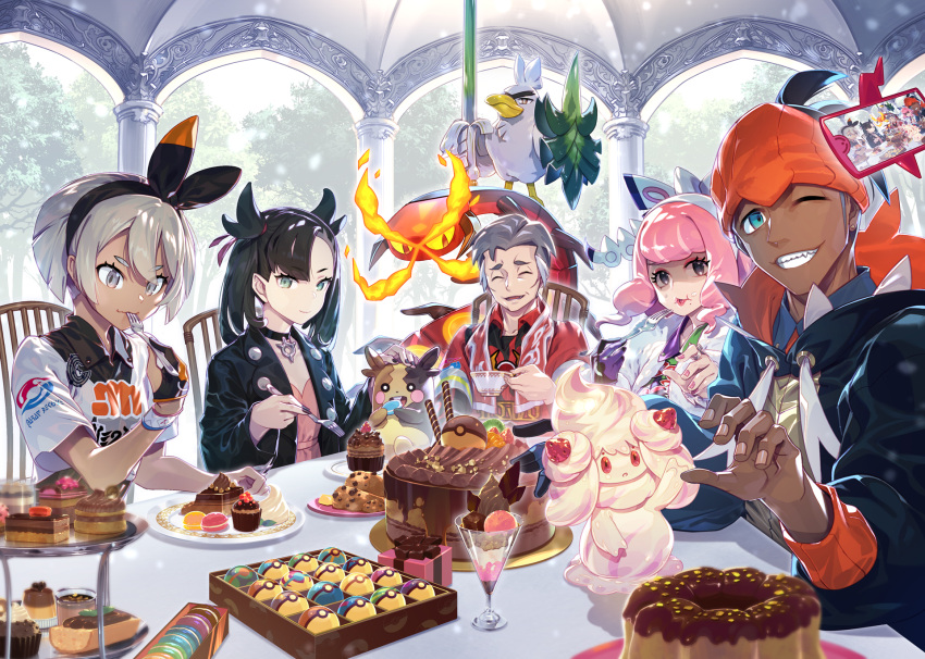 2boys 3girls alcremie alcremie_(strawberry_sweet) artist_request asymmetrical_bangs bangs bea_(pokemon) black_choker black_hair black_hairband black_jacket bow_hairband cake centiskorch choker collared_shirt dive_ball dress earrings food friend_ball gen_4_pokemon gen_8_pokemon great_ball green_eyes grey_eyes grey_hair gym_leader hair_between_eyes hair_ribbon hairband highres jacket jewelry kabu_(pokemon) klara_(pokemon) level_ball love_ball lure_ball luxury_ball marnie_(pokemon) master_ball medium_hair moon_ball morpeko multiple_boys multiple_girls net_ball official_art open_clothes open_jacket pink_dress poke_ball poke_ball_(basic) pokemon pokemon_(game) pokemon_swsh premier_ball print_shirt quick_ball raihan_(pokemon) red_ribbon repeat_ball ribbon rotom rotom_phone shirt short_hair short_sleeves sirfetch'd timer_ball ultra_ball undercut white_day