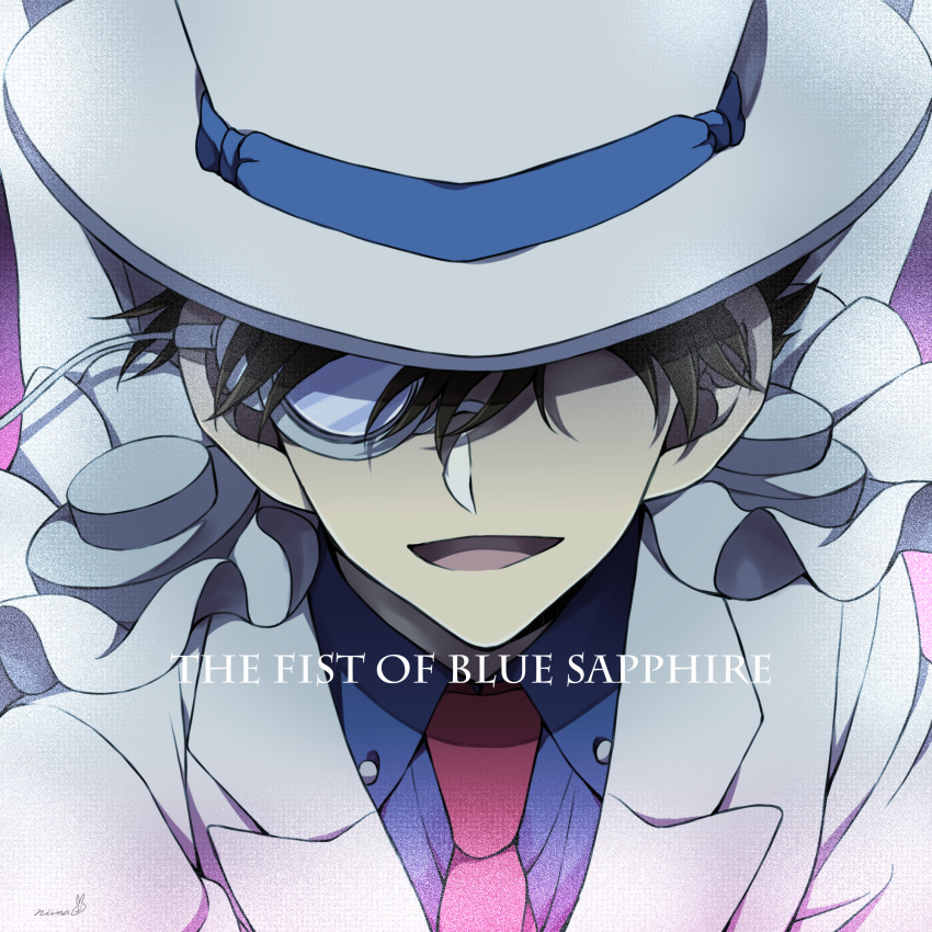 1boy :d blue_shirt brown_hair cape collared_shirt commentary_request copyright_name covered_eyes dress_shirt english_text facing_viewer floating_cape formal hat hat_over_eyes highres kaitou_kid kuroba_kaito magic_kaito male_focus meitantei_conan monocle necktie niina_1oo9 open_mouth red_neckwear shirt short_hair signature smile solo suit top_hat upper_body white_cape white_headwear white_suit