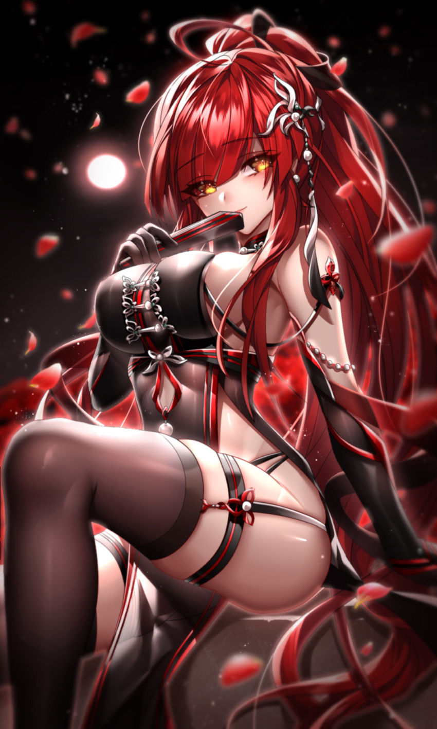 1girl ahoge bangs been black_background black_dress black_gloves black_legwear black_ribbon blurry blurry_foreground blush closed_fan closed_mouth dress elbow_gloves elesis_(elsword) elsword eyebrows_visible_through_hair fan folding_fan gloves hair_between_eyes hair_ornament hair_ribbon high_ponytail highres holding holding_fan long_hair looking_at_viewer petals redhead ribbon shiny shiny_hair shiny_skin sitting sleeveless sleeveless_dress solo thigh-highs thigh_strap very_long_hair yellow_eyes