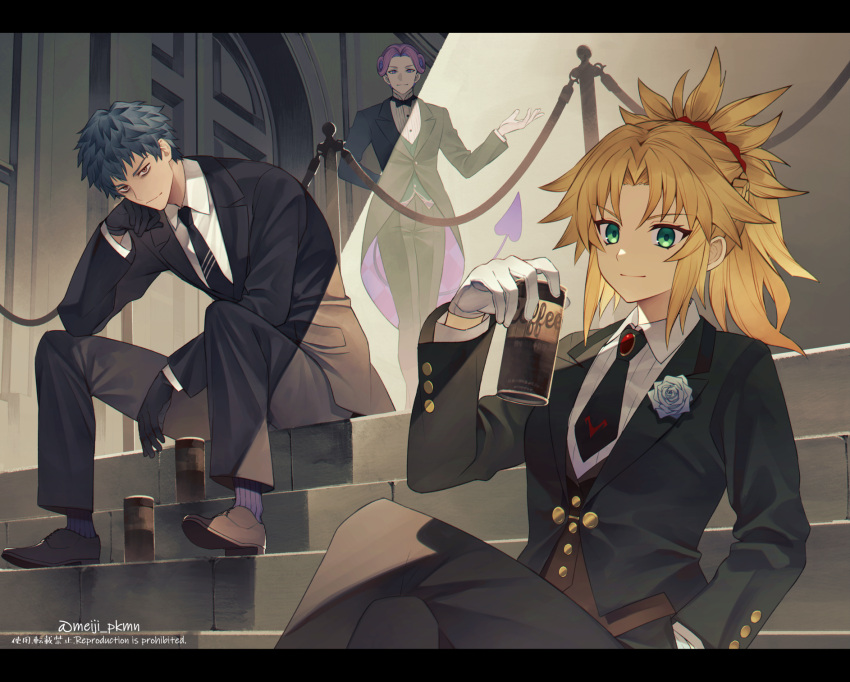1girl 2boys artist_name bangs black_gloves black_hair black_jacket black_neckwear black_pants blonde_hair can closed_mouth collared_shirt commentary_request demon_tail fate/grand_order fate_(series) flower formal gloves green_eyes highres holding holding_can jacket letterboxed long_hair looking_at_viewer meiji_ken mephistopheles_(fate) mordred_(fate) mordred_(fate)_(all) multiple_boys necktie pants pink_hair ponytail purple_hair red_scrunchie repost_notice saitou_hajime_(fate) scrunchie shirt sitting smile stairs striped striped_legwear suit tail white_gloves white_shirt