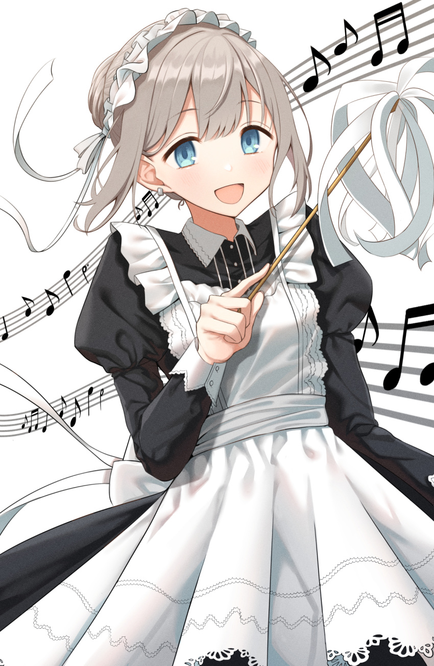 1girl :d apron blue_eyes blush braid braided_bun duster eyebrows_visible_through_hair frilled_apron frills highres holding_duster idolmaster idolmaster_shiny_colors long_sleeves looking_at_viewer maid maid_apron maid_headdress murousaisei123 musical_note open_mouth puffy_long_sleeves puffy_sleeves serizawa_asahi sheet_music short_hair silver_hair simple_background smile solo white_background