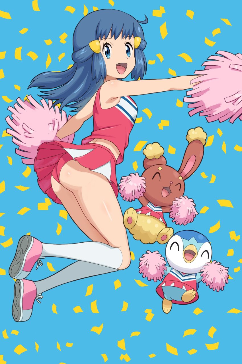 1girl :d absurdres arched_back ass bangs bare_arms blue_background blue_eyes blue_hair body_blush buneary cheerleader clothed_pokemon commentary_request confetti hikari_(pokemon) eyelashes floating_hair gen_4_pokemon hair_ornament hairclip highres holding holding_pom_poms kneehighs knees_together long_hair looking_at_viewer open_mouth outstretched_arms panties pink_footwear pink_skirt piplup pokemoa pokemon pokemon_(anime) pokemon_(creature) pokemon_dppt_(anime) pom_poms shiny shiny_skin shirt shoes skirt sleeveless sleeveless_shirt smile sneakers starter_pokemon tongue underwear white_legwear