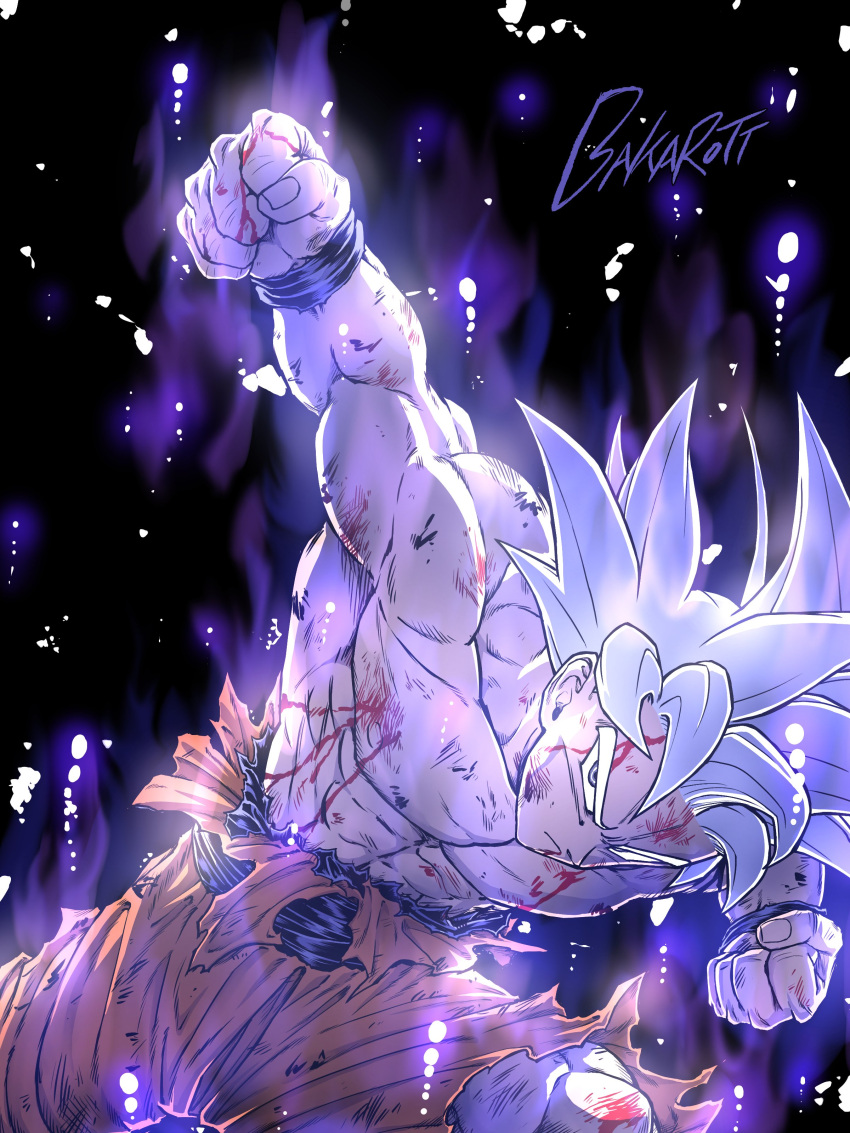 1boy abs absurdres arm_at_side artist_name aura bakarott blood blood_from_mouth blood_on_face bloody_hands clenched_hand closed_mouth dark_background darkness dirty dirty_clothes dirty_face dragon_ball dragon_ball_super dragon_ball_z feet_out_of_frame fighting_stance fingernails glowing grey_eyes highres legs_apart light_particles looking_at_viewer male_focus muscular muscular_male orange_pants outstretched_hand pants purple_theme serious shirtless silver_hair simple_background son_goku spiky_hair torn_clothes torn_pants ultra_instinct wristband