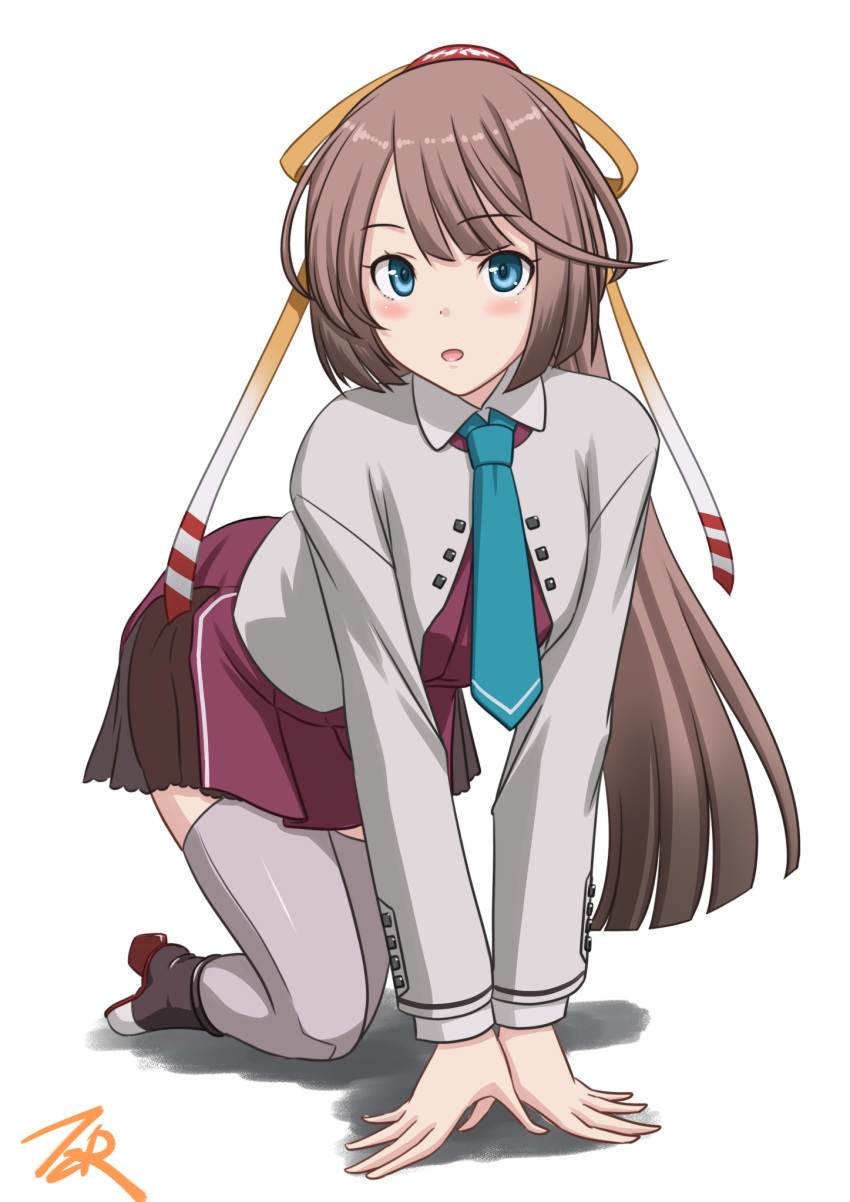 1girl all_fours aqua_eyes artist_logo blazer boots brown_hair commentary_request cross-laced_footwear dress grey_legwear hair_ribbon highres jacket kantai_collection kazagumo_(kancolle) lace-up_boots long_hair looking_at_viewer necktie pleated_dress ponytail purple_dress remodel_(kantai_collection) ribbon simple_background solo t2r thigh-highs white_background