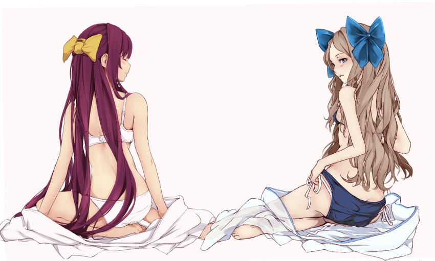 2girls adapted_costume artist_name asakaze_(kancolle) back bare_arms bare_shoulders barefoot bikini blonde_hair blue_bikini blue_eyes blue_ribbon blush bra character_name closed_mouth commentary_request eyebrows_visible_through_hair from_behind hair_ribbon highres kamikaze_(kancolle) kantai_collection long_hair looking_back multiple_girls panties purple_hair ribbon rizzl signature swimsuit twitter_username underwear underwear_only white_bra white_panties yellow_ribbon
