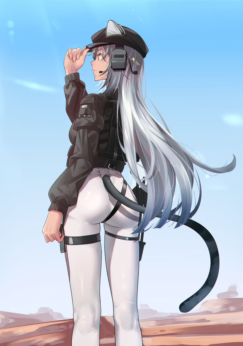 1girl absurdres animal_ears arknights arm_at_side ass black_headwear black_jacket blue_sky brown_eyes cat_ears cat_girl cat_tail closed_mouth clothing_cutout commentary_request day ears_through_headwear feet_out_of_frame fingernails from_behind hand_on_headwear hand_up headset highres jacket long_fingernails long_hair long_sleeves official_alternate_costume outdoors pants profile schwarz_(arknights) schwarz_(skyline)_(arknights) shijie_jianfa silver_hair sky smile solo standing tail tail_cutout tight tight_pants very_long_hair white_pants