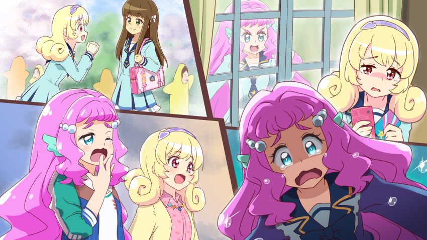 1boy 2girls :d ;o aikatsu!_(series) aikatsu_stars! alternate_costume bag blazer blonde_hair blue_bow blue_dress blue_eyes blue_jacket blue_neckwear blue_sailor_collar bow bowtie brown_hair brown_jacket checkered_hairband cherry_blossoms closed_mouth collared_shirt commentary_request cosplay crossdressinging crossover crying crying_with_eyes_open curly_hair curtains day dress from_side green_eyes green_jacket hair_bow hair_intakes hair_ornament hair_over_shoulder hairband half-closed_eyes hand_to_own_mouth happy head_fins heart heart_hair_ornament heart_print highres hinata_yume holding holding_phone indoors jacket laura_(precure) long_hair long_sleeves looking_at_another mewkledreamy minamikawa_asahi multicolored multicolored_clothes multicolored_jacket multiple_girls multiple_views namesake necktie nijino_yume nijino_yume_(cosplay) one_eye_closed open_clothes open_jacket open_mouth otoko_no_ko outdoors own_hands_together parody pearl_hair_ornament phone pink_eyes pink_hair pink_shirt precure purple_hairband purple_jacket raised_eyebrows rin_takanashi_glacies sad sailor_collar sakuraba_rola sakuraba_rola_(cosplay) scene_reference school_bag school_briefcase school_uniform shirt short_dress shoulder_bag sideways_mouth sleepy sleeves_pushed_up smile smug star_(symbol) star_in_eye symbol_in_eye tearing_up tears thick_eyebrows tree tropical-rouge!_precure uneven_eyes upper_body v-shaped_eyebrows wavy_mouth window yawning yellow_jacket yotsuboshi_academy_uniform