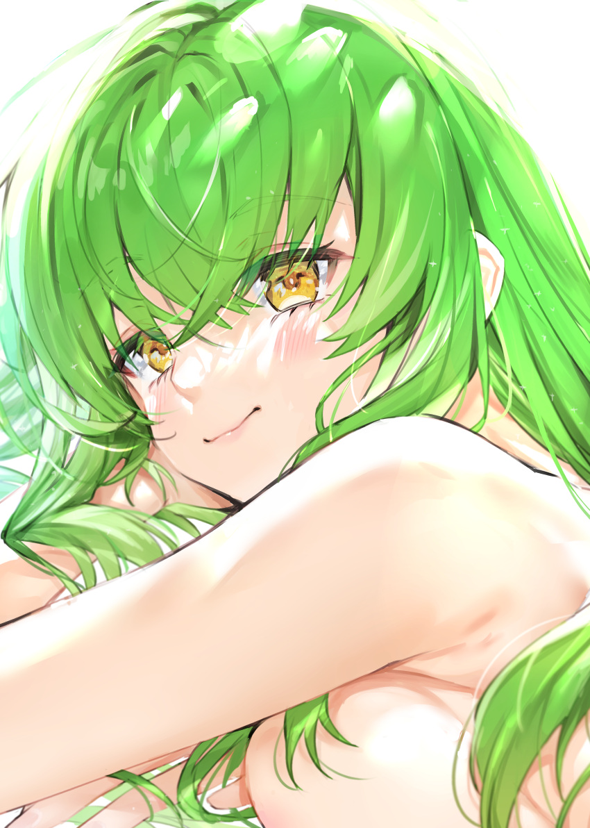 1girl absurdres bangs bare_arms bare_shoulders blush breasts c.c. code_geass eyebrows_visible_through_hair face green_hair highres kou_mashiro long_hair looking_at_viewer shiny shiny_hair sideboob smile solo yellow_eyes