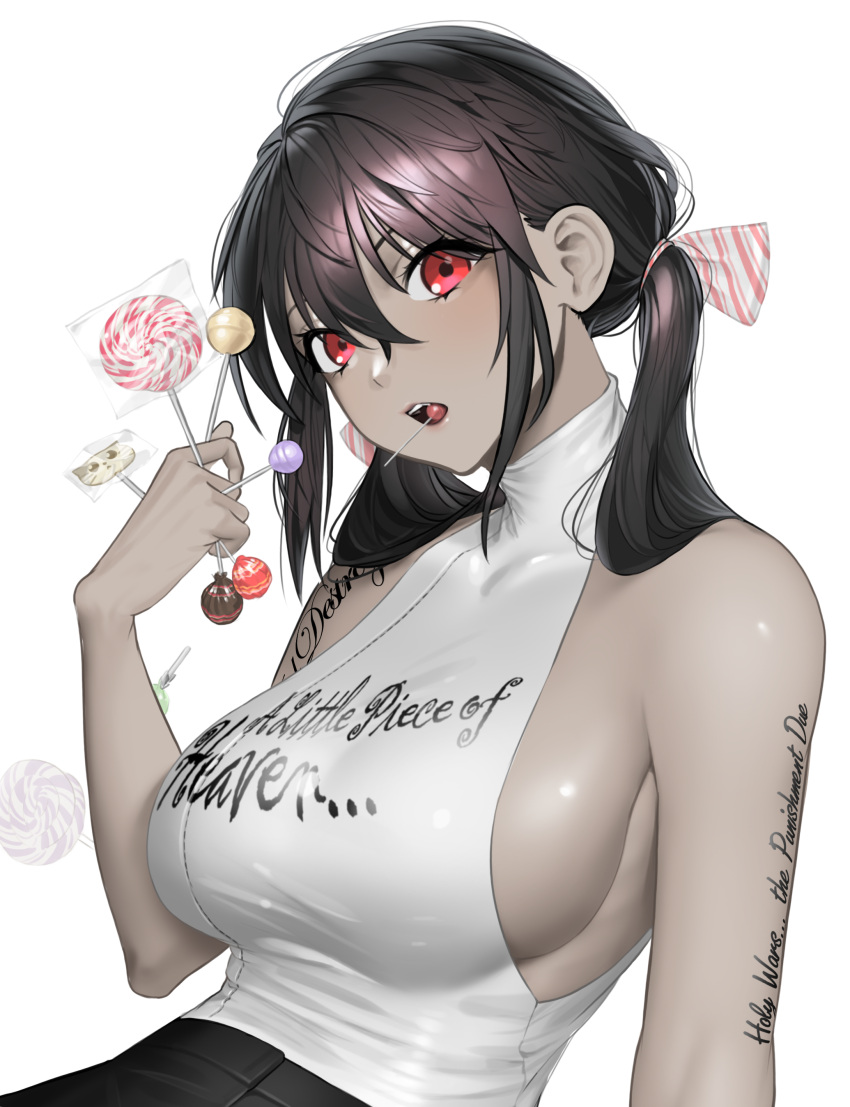 1girl absurdres black_hair breasts candy food food_in_mouth hair_between_eyes highres holding holding_candy holding_food holding_lollipop lollipop long_hair mouth_hold norunollu open_mouth original print_shirt red_eyes shirt sideboob sleeveless sleeveless_shirt solo tattoo twintails upper_body white_background white_shirt