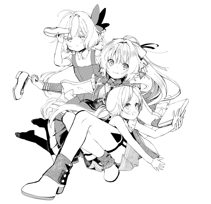 3girls absurdres aoi_sakurako bangs blush book butterfly_hair_ornament closed_mouth collared_shirt dress eyebrows_visible_through_hair greyscale hair_ornament highres holding holding_clothes holding_footwear holding_shoes long_hair long_sleeves looking_at_viewer monochrome multiple_girls necktie no_shoes open_mouth original pleated_skirt ponytail puffy_long_sleeves puffy_short_sleeves puffy_sleeves shirt shoes short_sleeves simple_background skirt sleeveless sleeveless_dress smile socks very_long_hair wavy_mouth white_background