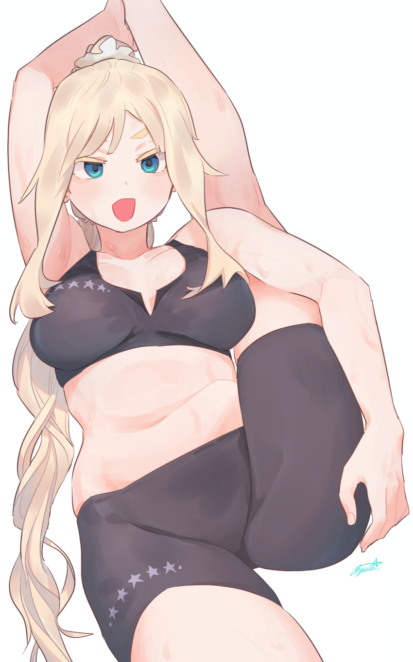 1girl :d arm_above_head bike_shorts blonde_hair blue_eyes breasts fingernails foot_up hair_ornament hair_scrunchie highres large_breasts long_hair looking_at_viewer open_mouth original ponytail ryusei_hashida scrunchie sidelocks signature simple_background smile solo split sports_bra standing standing_on_one_leg standing_split very_long_hair white_background