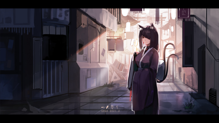 1girl absurdres animal_ear_fluff animal_ears artist_name backlighting black_gloves black_hair black_kimono building cat_ears cat_girl cat_tail closed_mouth commentary_request dated day feet_out_of_frame gloves hair_over_one_eye highres japanese_clothes kimono letterboxed long_hair long_sleeves looking_afar looking_away multiple_tails orga_(orgacl) original outdoors partially_fingerless_gloves red_eyes solo standing sunlight tail two_tails wide_sleeves yukata
