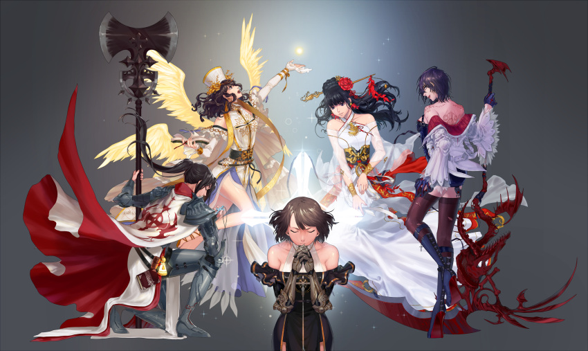 absurdres back_turned black_hair clenched_hands closed_eyes dungeon_and_fighter female_crusader_(dungeon_and_fighter) female_priest_(dungeon_and_fighter) hair_ornament highres inquisitor_(dungeon_and_fighter) kneeling mistress_(dungeon_and_fighter) off_shoulder scythe shaman_(dungeon_and_fighter) weapon wings