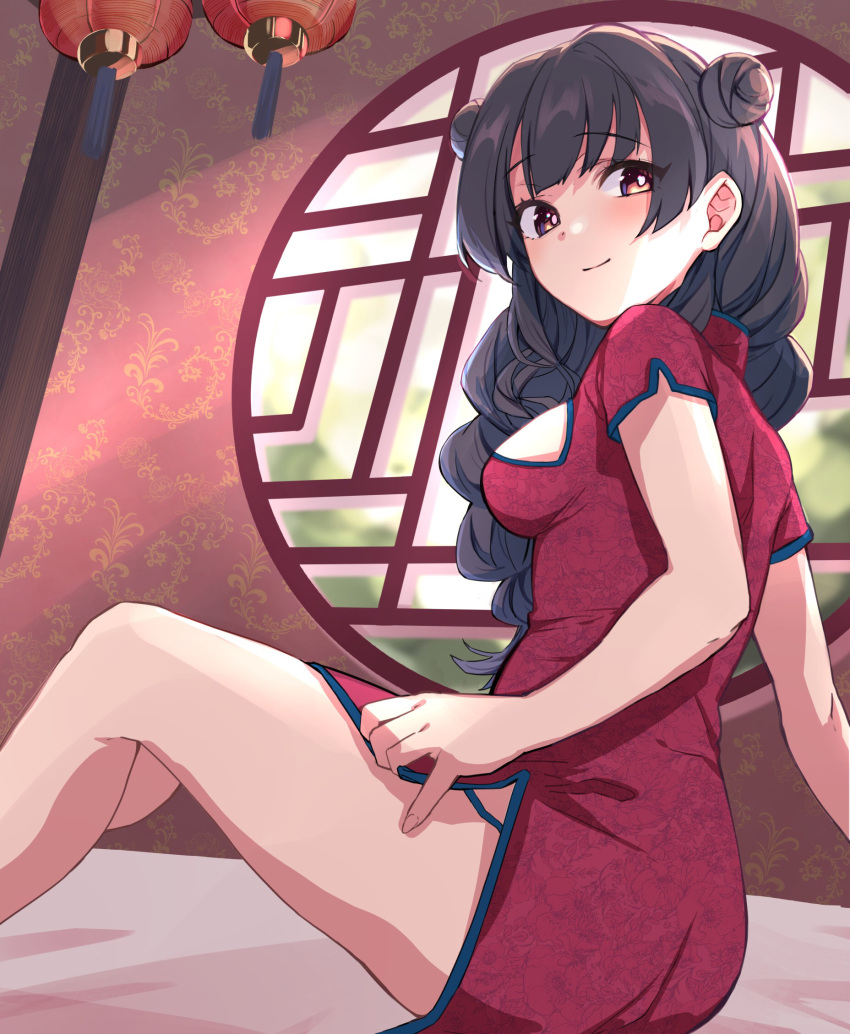 1girl architecture bare_legs black_hair blush breasts china_dress chinese_clothes closed_mouth commentary double_bun dress east_asian_architecture eyebrows_visible_through_hair from_side hair_bun highres idolmaster idolmaster_shiny_colors lantern long_hair looking_at_viewer looking_back mayuzumi_fuyuko medium_breasts mizuabi_kamome orange_eyes red_dress short_sleeves side_slit sitting smile solo sunlight thighs window