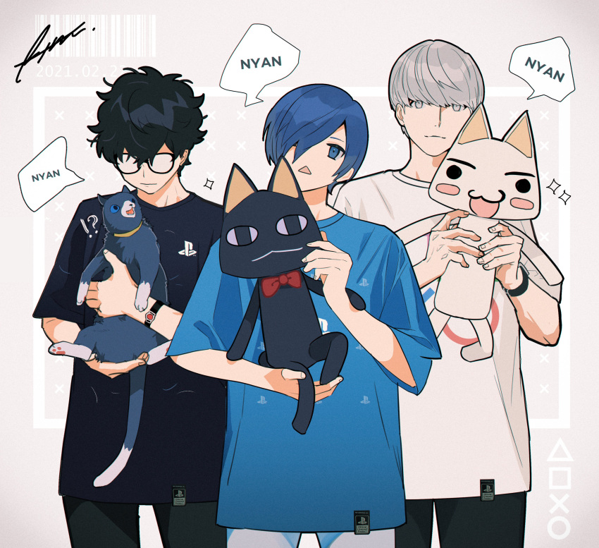 !? 3boys absurdres alternate_costume amamiya_ren animal bangs barcode black_cat black_hair black_shirt blue_eyes blue_hair blue_shirt bow bowtie btmr_game cat cat_day closed_mouth crossover dated doko_demo_issho glasses grey_eyes hair_between_eyes hair_over_one_eye highres holding holding_animal inoue_toro kuro_(doko_demo_issho) male_focus morgana_(persona_5) multiple_boys narukami_yuu opaque_glasses open_mouth pants persona persona_3 persona_4 persona_5 shirt signature silver_hair simple_background sparkle white_shirt yuuki_makoto