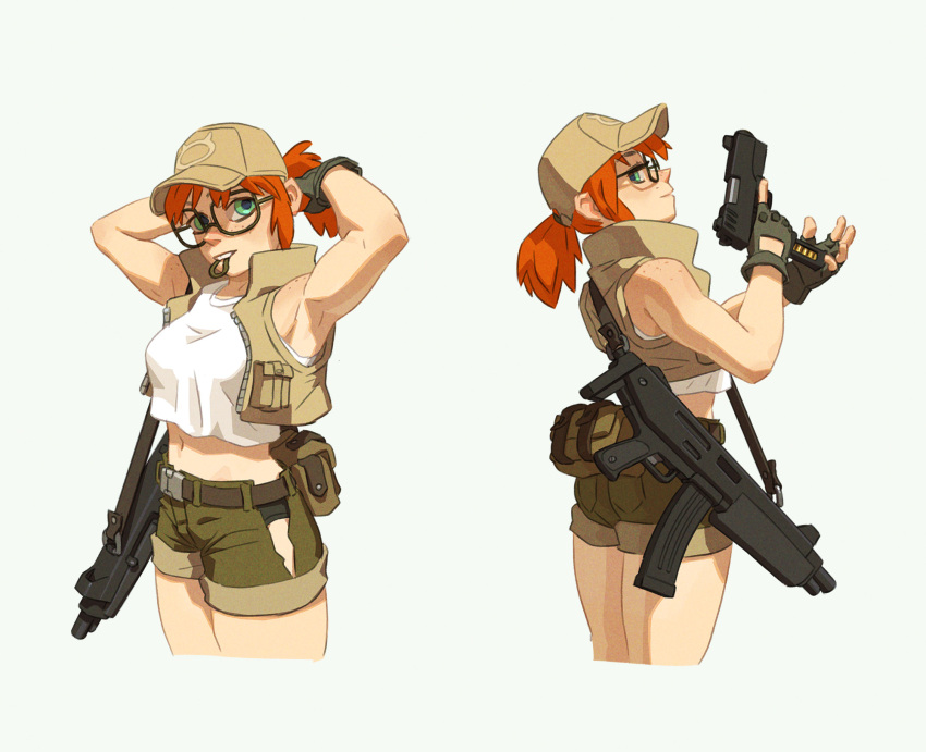 1girl adjusting_hair armpits arms_up ass baseball_cap black-framed_eyewear breasts crop_top crop_top_overhang cropped_legs english_commentary fanny_pack fingerless_gloves fio_germi flat_ass freckles glasses gloves green_eyes green_gloves green_panties green_shorts gun hair_through_headwear hair_tie_in_mouth handgun hat highres holding holding_gun holding_weapon low_ponytail magazine_(weapon) medium_breasts medium_hair metal_slug mouth_hold multiple_views navel orange_hair panties pistol reloading saint_monster shorts side_slit sleeveless solo standing strap submachine_gun tank_top toned trigger_discipline tying_hair underwear weapon