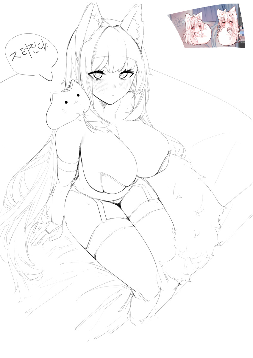 1girl absurdres animal_ear_fluff animal_ears bra breasts bridal_gauntlets cat curvy expressionless eyelashes fox_ears fox_tail from_above garter_straps highres large_breasts lineart long_hair monochrome original panties sitting sogogistew tail thigh-highs underwear underwear_only very_long_hair