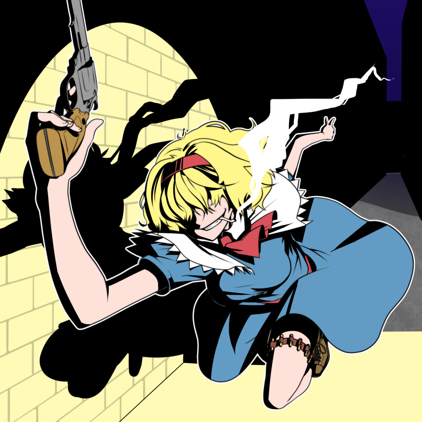 1girl absurdres alice_margatroid alley ammunition_belt ascot asha bangs blonde_hair blue_dress boots breasts brick_wall brown_footwear bullet capelet cigarette commentary_request cookie_(touhou) dress foreshortening frilled_capelet frills full_body grin gun hair_over_eyes hairband handgun highres holding holding_gun holding_weapon jigen_(cookie) lupin_iii medium_breasts night outdoors parody red_hairband red_neckwear revolver running short_hair short_sleeves smile smoking solo spotlight touhou weapon white_capelet