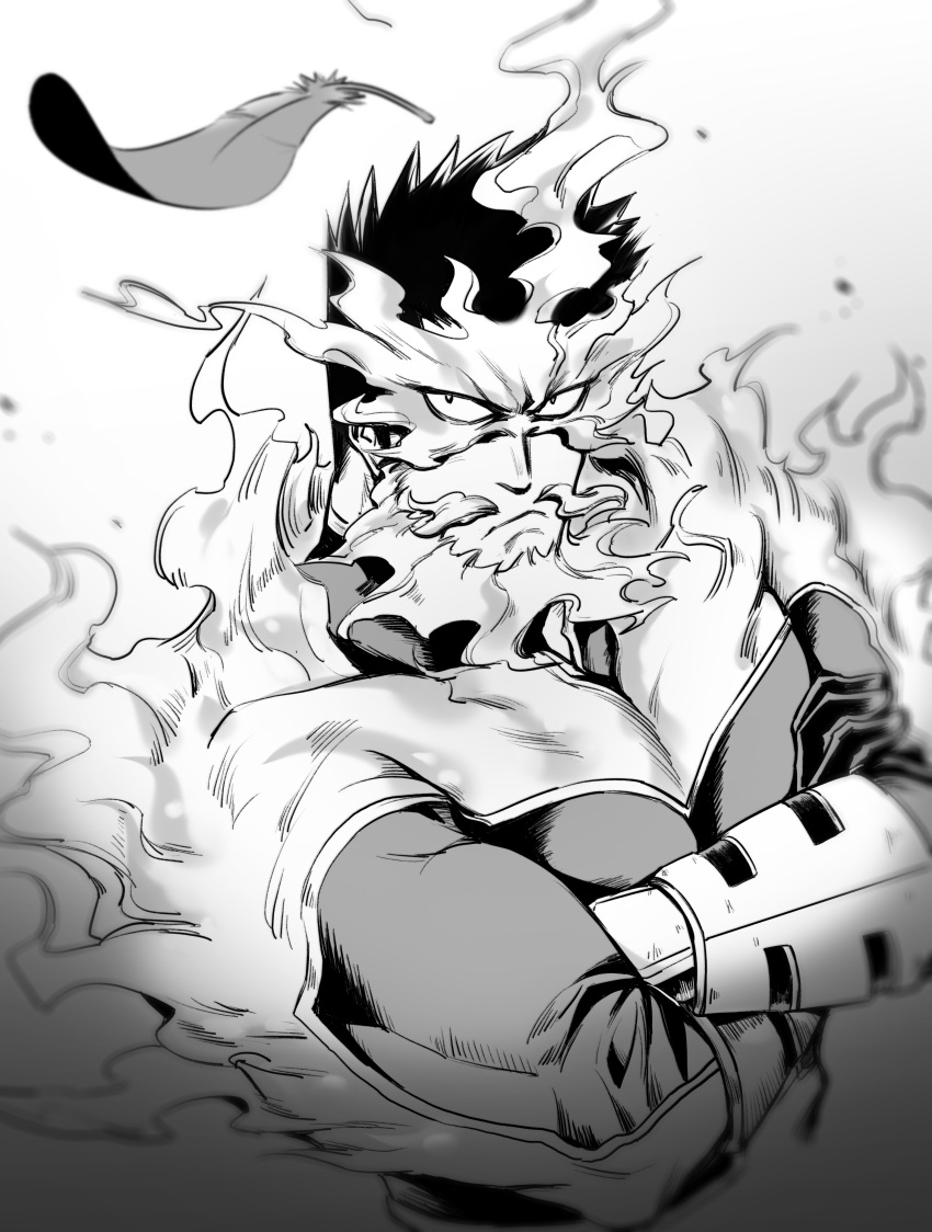 1boy absurdres beard boku_no_hero_academia couple crossed_arms facial_hair feathers fiery_hair fire greyscale hawks_(boku_no_hero_academia) helen_roro highres large_pectorals looking_up male_focus mature_male monochrome multiple_boys muscular muscular_male short_hair sideburns solo spiky_hair stubble todoroki_enji upper_body