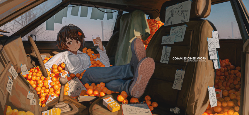 1girl absurdres brown_eyes brown_hair car commission cup denim faiz_azhar food fruit full_body ground_vehicle highres jeans long_sleeves lying motor_vehicle on_back orange original pants shirt shoes short_hair solo white_shirt