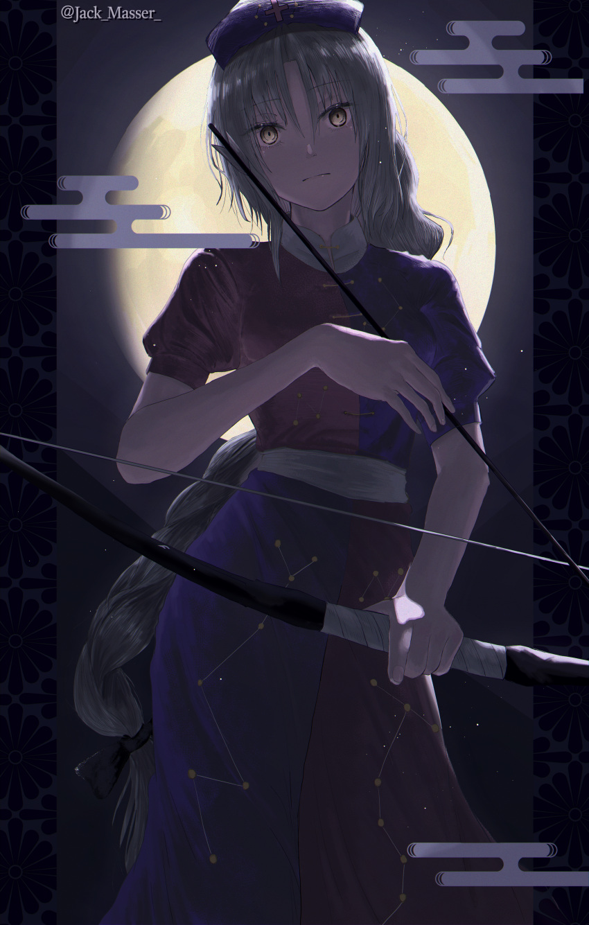 1girl absurdres arrow_(projectile) artist_name backlighting bangs black_bow blue_dress blue_headwear bow bow_(weapon) braid braided_ponytail breasts brown_eyes closed_mouth constellation_print dress expressionless eyebrows_visible_through_hair feet_out_of_frame floral_background full_moon grey_hair hair_between_eyes hair_bow hair_ribbon hat head_tilt highres holding holding_arrow holding_bow_(weapon) holding_weapon huge_filesize jack_masser long_hair looking_at_viewer medium_breasts moon night night_sky nurse_cap parted_bangs pillarboxed puffy_short_sleeves puffy_sleeves red_dress ribbon sash short_sleeves sky solo standing touhou tress_ribbon two-tone_dress very_long_hair weapon white_sash yagokoro_eirin