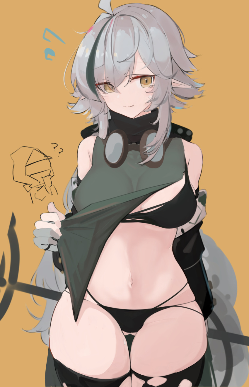 1girl ?? ahoge arknights ass_visible_through_thighs asususususu bangs bare_shoulders bikini black_bikini black_legwear breasts commentary_request cowboy_shot doctor_(arknights) eyebrows_visible_through_hair eyes_visible_through_hair goggles goggles_around_neck green_hair green_shirt highres looking_at_viewer medium_breasts multicolored_hair navel pointy_ears shirt shirt_pull short_hair silver_hair simple_background smile staff stomach streaked_hair swimsuit thigh-highs thighs tomimi_(arknights) torn_clothes torn_legwear yellow_background yellow_eyes