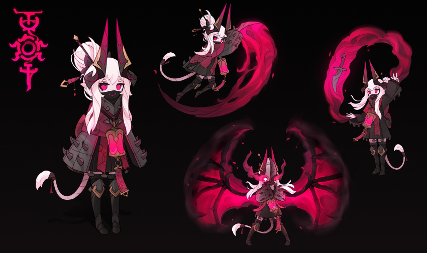 1girl absurdres alexis_pflaum black_background boots character_sheet cloak colored_skin dagger demon_girl demon_horns demon_tail demon_wings empty_eyes english_commentary full_body glowing glowing_eyes highres horns magic ninja_mask original pink_hair pink_skin pointy_ears red_eyes sorceress tail thigh-highs thigh_boots weapon wings