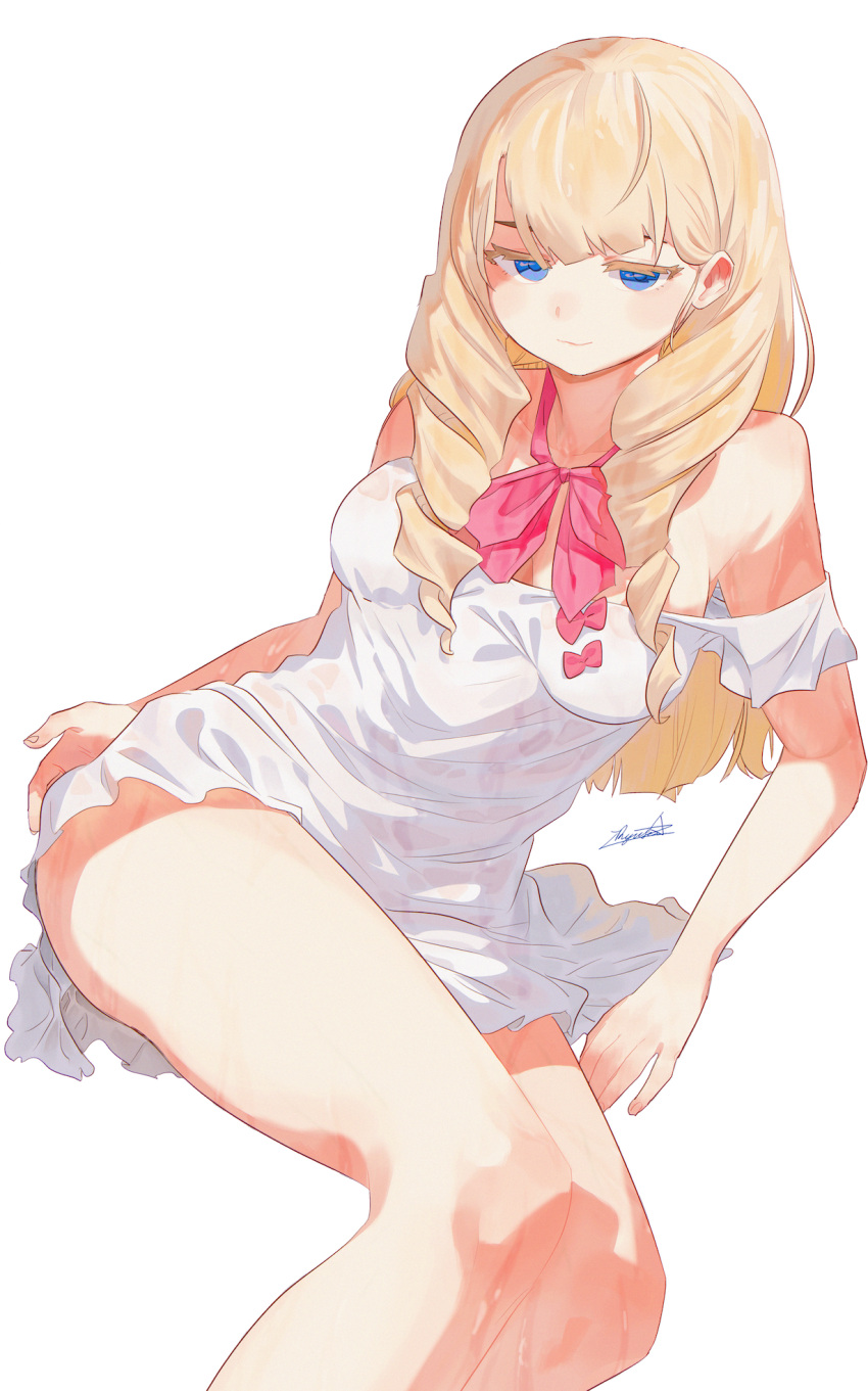 1girl arm_support bare_shoulders blonde_hair blue_eyes bow bowtie dress drill_hair highres long_hair looking_at_viewer original red_bow red_neckwear ryusei_hashida short_dress signature simple_background sitting smile solo wet wet_clothes wet_dress white_background white_dress