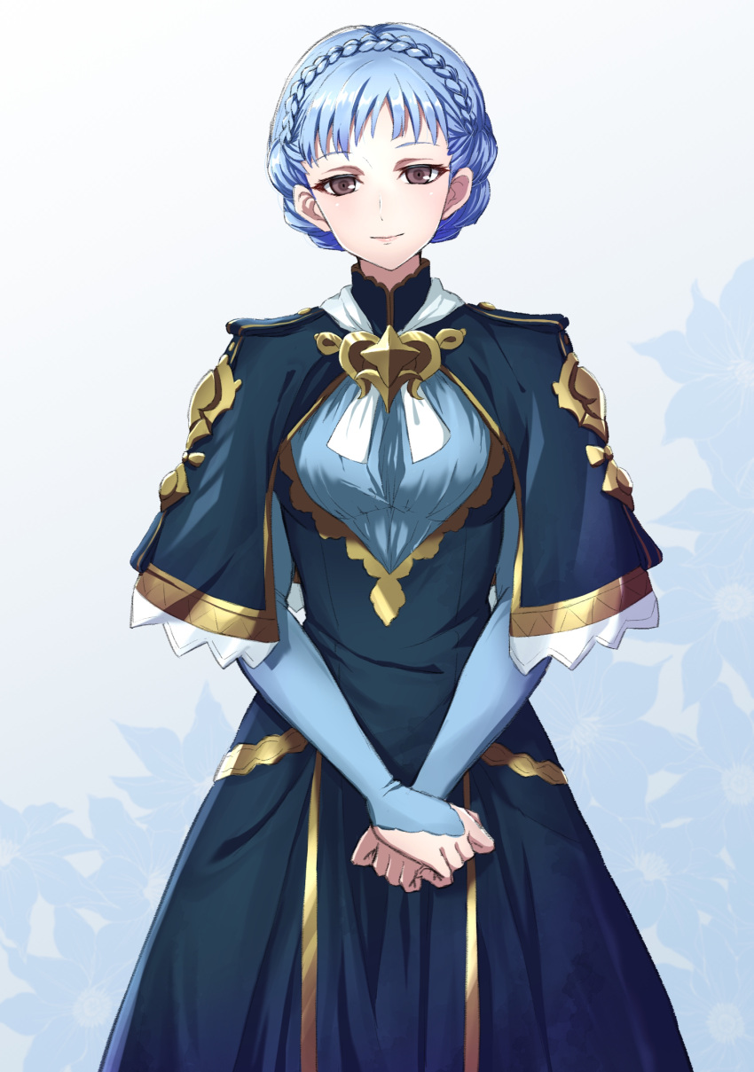 1girl blue_capelet blue_dress blue_hair braid brown_eyes capelet closed_mouth cowboy_shot crown_braid dress fire_emblem fire_emblem:_three_houses highres long_dress long_sleeves looking_at_viewer marianne_von_edmund shinae shiny shiny_hair short_hair smile solo standing tied_hair