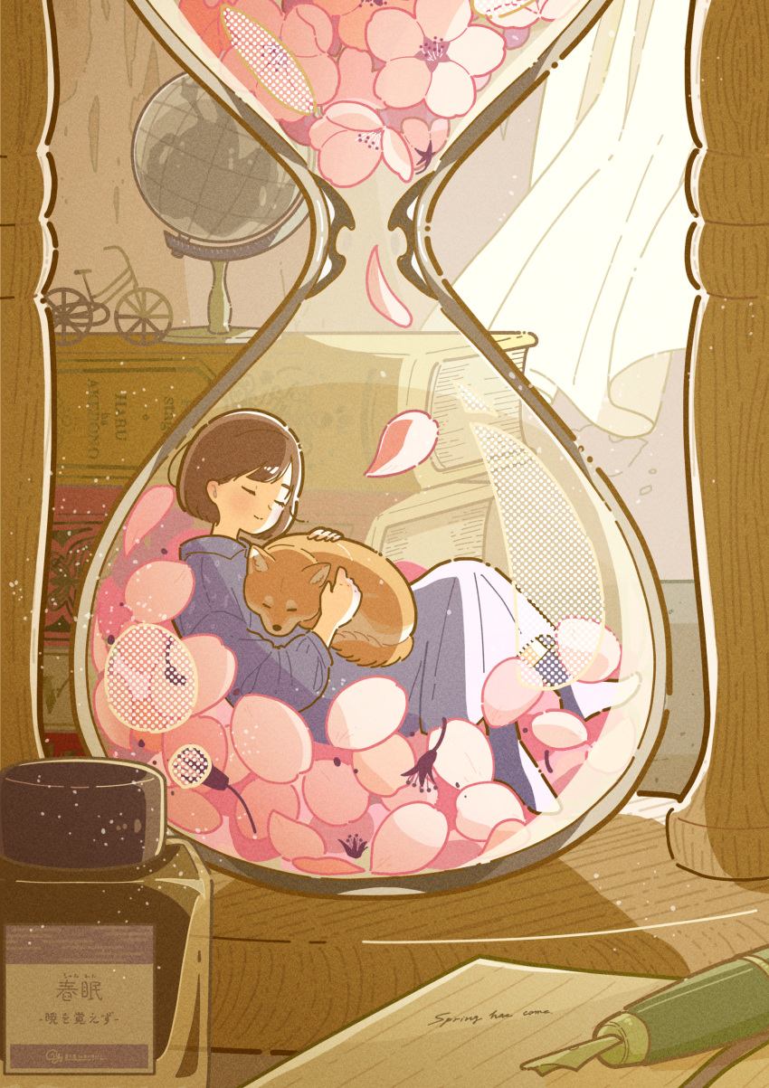 1girl absurdres bicycle brown_hair closed_eyes dog flower globe ground_vehicle halftone highres hourglass indoors minigirl original pen petals pink_flower short_hair smile solo yoshimon