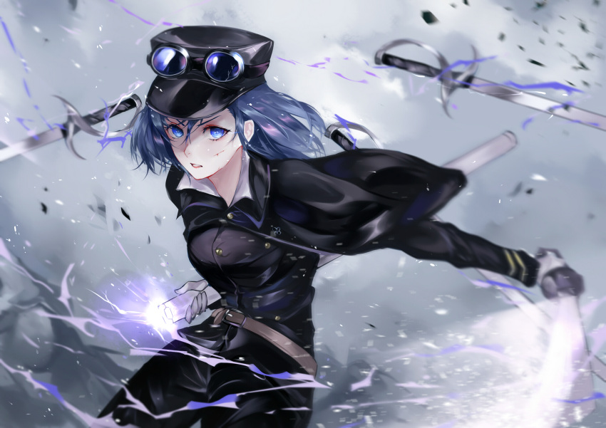 1girl belt black_capelet black_headwear black_jacket black_pants blue_eyes blue_hair capelet character_request copyright_request gloves goggles goggles_on_headwear hair_between_eyes hat highres holding holding_sword holding_weapon jacket looking_at_viewer military military_uniform pants parted_lips peaked_cap scabbard scar scar_on_face sheath short_hair solo sword uniform vardan weapon white_gloves