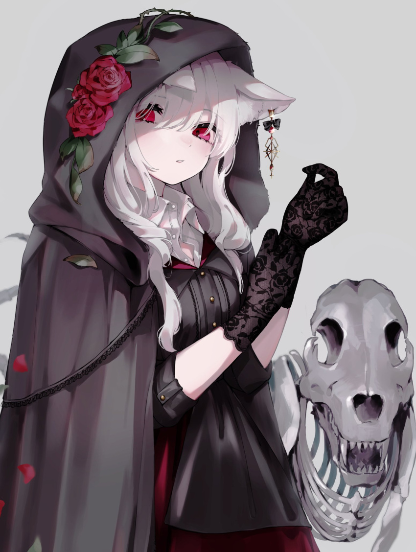1girl adjusting_clothes adjusting_gloves animal_ear_fluff animal_ears animal_skull black_gloves cloak expressionless fangs flower flower_on_head gloves grey_background highres hood hood_up hooded_cloak jewelry kairi630 lace lace_gloves leaf looking_at_viewer monochrome_background original plant red_eyes rose shirt simple_background single_earring skeleton sleeves_past_elbows thorns vines white_hair white_shirt wing_collar