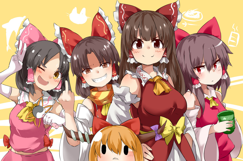 5girls ascot bangs benikurage_(cookie) black_hair blunt_bangs blush bow breasts brown_eyes brown_hair cat closed_mouth commentary_request cookie_(touhou) cup detached_sleeves dolphin elbow_gloves eyebrows_visible_through_hair frilled_bow frilled_hair_tubes frilled_shirt_collar frills gloves grin hair_between_eyes hair_bow hair_tubes hakurei_reimu highres holding holding_wand horn_bow ibuki_suika kanna_(cookie) long_hair looking_at_viewer medium_breasts medium_hair middle_finger multiple_girls one_eye_closed orange_hair parted_bangs pink_bow pink_shirt pink_skirt purple_bow red_bow red_eyes red_shirt red_skirt reu_(cookie) sananana_(cookie) shirt skirt sleeveless sleeveless_shirt smile solid_oval_eyes touhou upper_body v wand white_gloves white_sleeves yamin_(cookie) yellow_background yellow_neckwear yin_yang yumekamaborosh yunomi