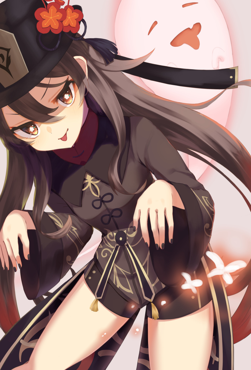 1girl absurdres bangs bao_(s_888) black_coat black_headwear black_shorts blush breasts brown_hair coat coattails flower genshin_impact ghost hat hat_flower highres hu_tao long_hair long_sleeves looking_at_viewer plum_blossoms red_eyes shorts small_breasts smile symbol-shaped_pupils thighs tongue tongue_out twintails very_long_hair