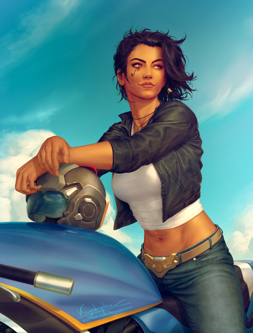 1girl abs alternate_costume aviator_pharah belt_buckle black_hair black_jacket breasts brown_eyes buckle casual crop_top cropped_jacket dark_skin dark-skinned_female denim dog_tags english_commentary eye_of_horus fingernails forehead gold_belt ground_vehicle headwear_removed helmet helmet_removed highres jacket jeans krystopher_decker leather leather_jacket looking_afar medium_breasts motor_vehicle motorcycle motorcycle_helmet navel official_alternate_costume on_motorcycle open_clothes open_jacket overwatch pants pharah_(overwatch) realistic short_hair signature sleeves_pushed_up solo tank_top thick_eyebrows toned watermark web_address white_tank_top wind