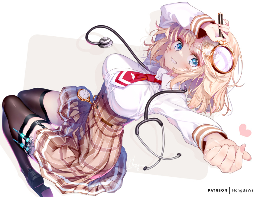 1girl black_footwear black_legwear blonde_hair blue_eyes breasts clenched_teeth clock eyebrows_visible_through_hair fingernails heart holding holding_magnifying_glass hololive hololive_english hong_(white_spider) large_breasts long_hair long_sleeves looking_at_viewer magnifying_glass necktie patreon_username plaid red_neckwear shirt shoes short_hair smile solo stethoscope syringe teeth thigh-highs virtual_youtuber watson_amelia white_shirt