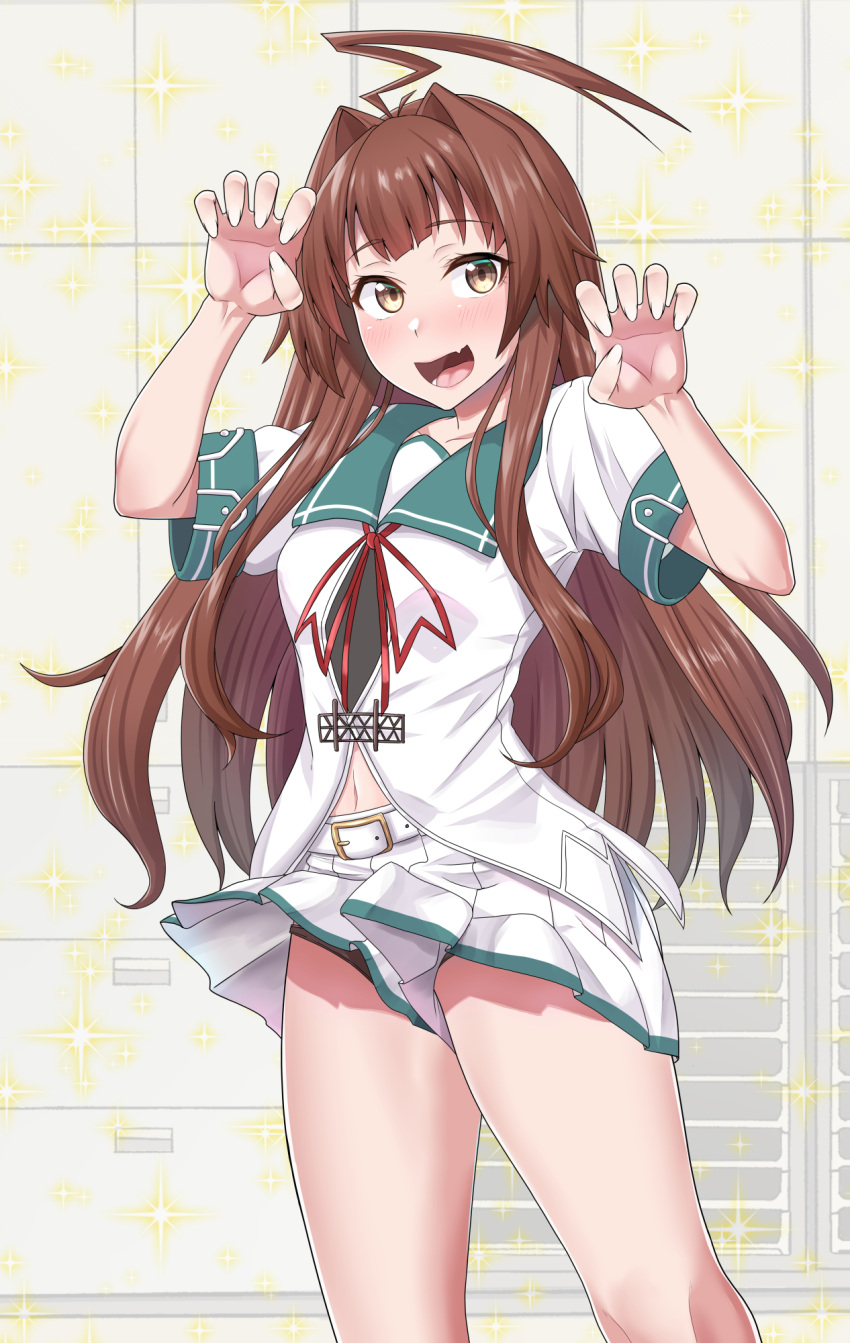 1girl ahoge aqua_sailor_collar belt brown_eyes brown_hair burusuta highres huge_ahoge kantai_collection kuma_(kancolle) long_hair miniskirt navel neck_ribbon pleated_skirt red_ribbon remodel_(kantai_collection) ribbon sailor_collar sailor_shirt school_uniform serafuku shirt short_sleeves skirt solo white_belt white_shirt white_skirt