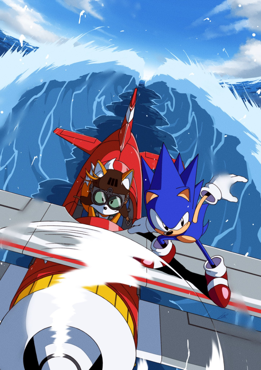 2boys aircraft airplane banel_springer blue_hair clouds ears ears_through_headwear flying gloves goggles highres multiple_boys ocean propeller shoes sky sonic_(series) sonic_the_hedgehog spiky_hair tagme tail tails_(sonic) water