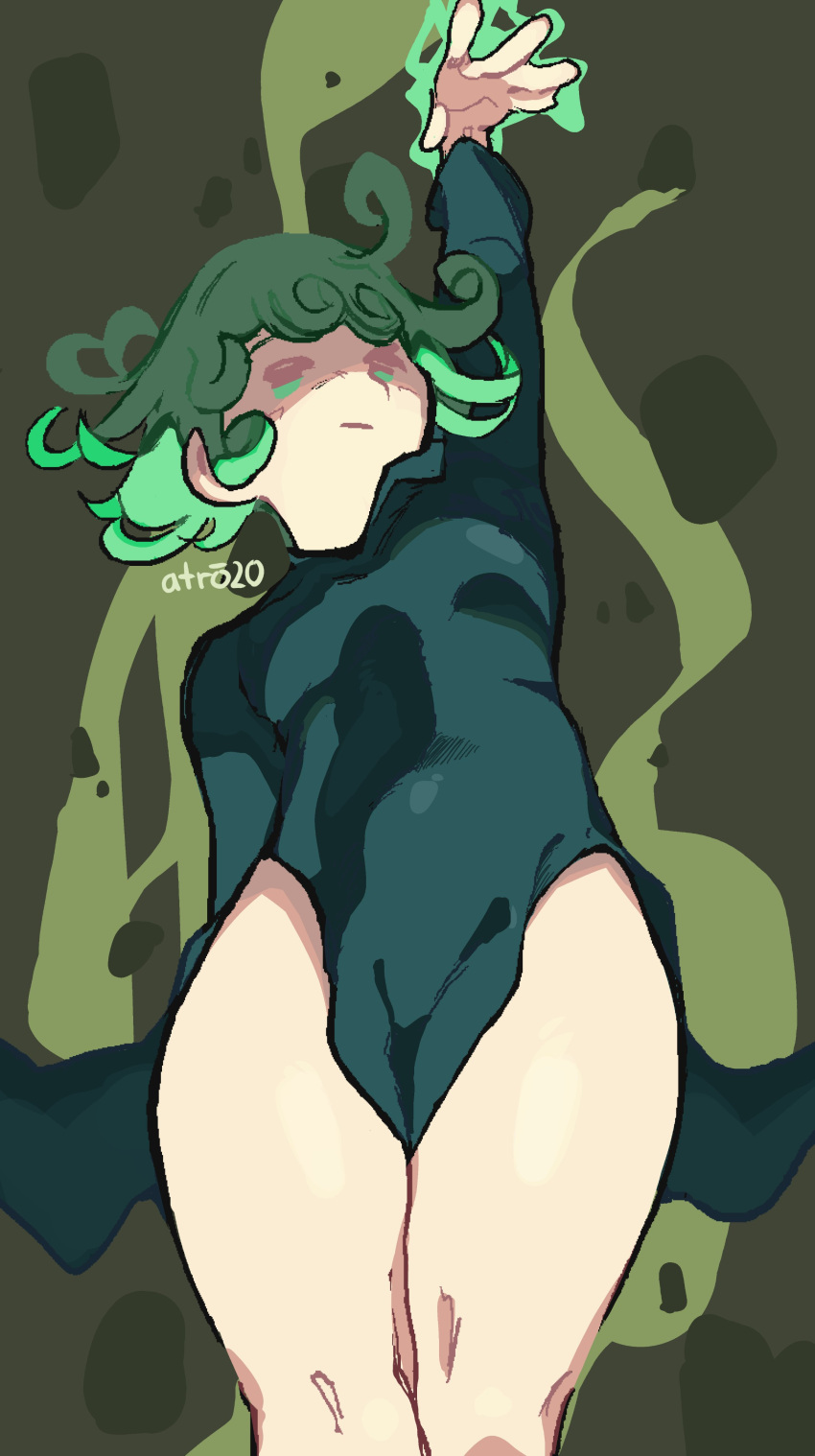 1girl absurdres black_dress curly_hair dress expressionless feet_out_of_frame flipped_hair floating green_eyes green_hair highres one-punch_man side_slit signature solo tatsumaki telekinesis whoopsatro