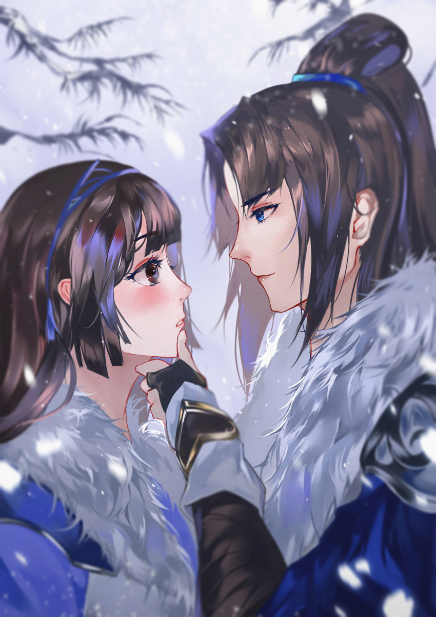 1boy 1girl absurdres arm_wrap armor bangs black_hair blue_eyes blunt_bangs blurry blurry_background blush brown_eyes character_request couple depth_of_field eye_contact fingerless_gloves from_side fur_trim gloves hairband hand_on_another's_chin hetero highres hime_cut long_hair looking_at_another moonlight_blade parted_lips ponytail profile shoulder_armor snow tree vardan winter