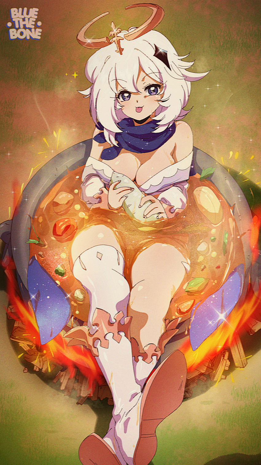 1980s_(style) 1girl :3 artist_name bangs blue_eyes blue_scarf bluethebone boots breasts campfire commentary cooking crossed_legs english_commentary fire food from_above genshin_impact grass hair_ornament halo highres holding holding_food in_container in_food in_pot large_breasts looking_at_viewer medium_hair older outdoors paimon_(genshin_impact) pot retro_artstyle scarf solo thigh-highs thigh_boots tongue tongue_out white_footwear white_hair