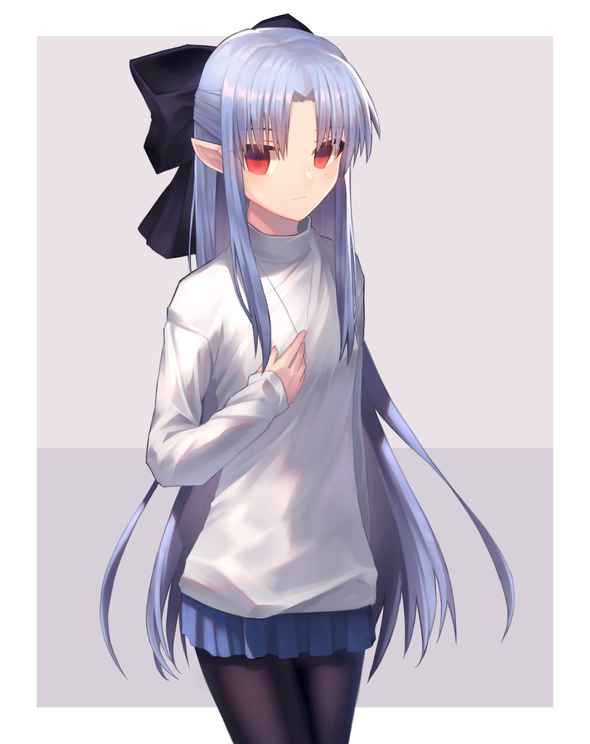 1girl absurdres bangs black_bow black_legwear blue_skirt border bow cowboy_shot eyebrows_visible_through_hair grey_background hair_between_eyes hair_bow hair_intakes highres ji-logg len_(tsukihime) long_hair long_sleeves melty_blood miniskirt pantyhose pleated_skirt pointy_ears red_eyes shiny shiny_hair silver_hair skirt sleeves_past_wrists solo standing sweater tsukihime very_long_hair white_border white_sweater