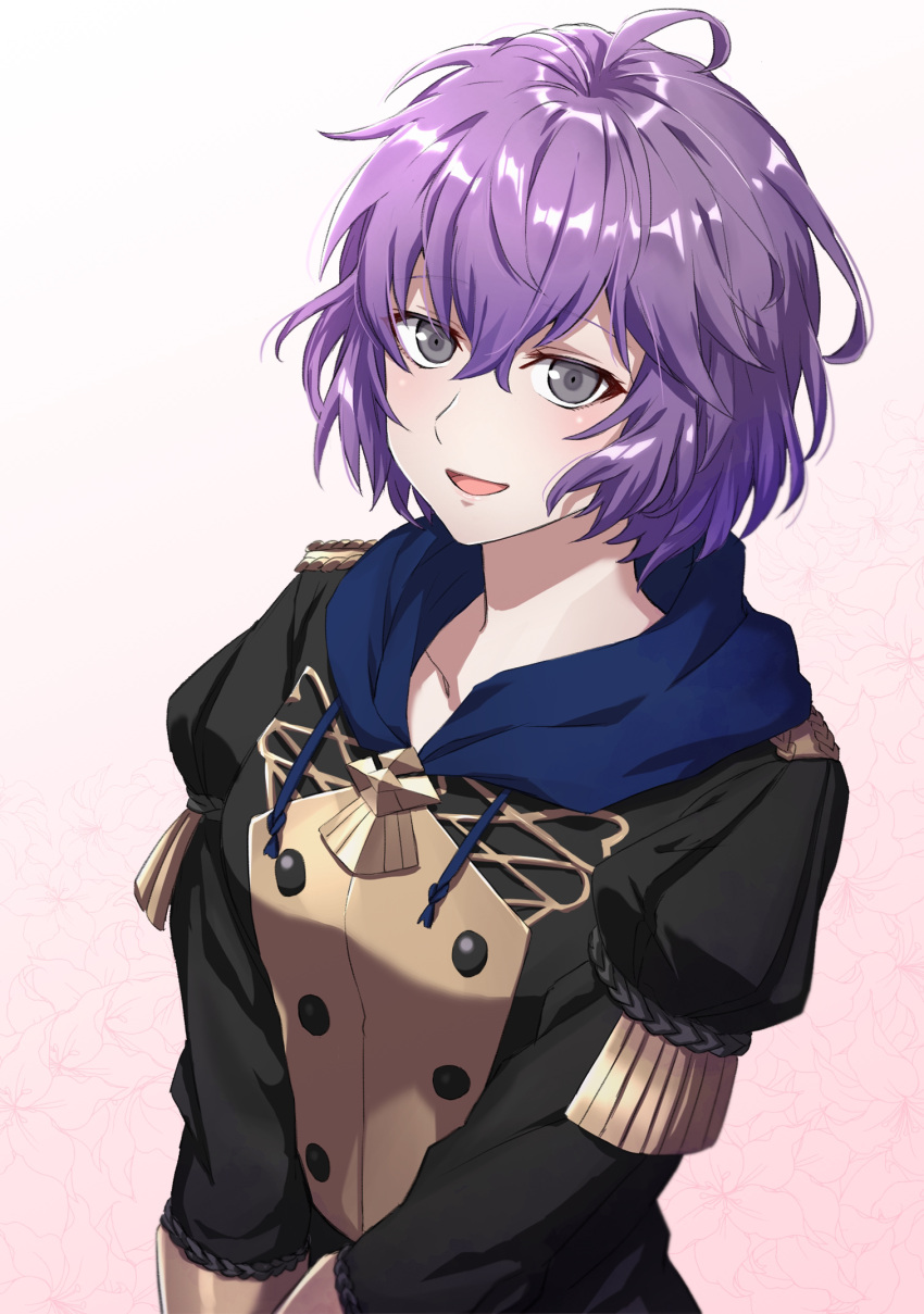 1girl bangs bernadetta_von_varley black_jacket collarbone eyebrows_visible_through_hair fire_emblem fire_emblem:_three_houses garreg_mach_monastery_uniform grey_eyes hair_between_eyes highres hood hood_down jacket long_sleeves purple_hair shinae shiny shiny_hair short_hair solo upper_body white_background