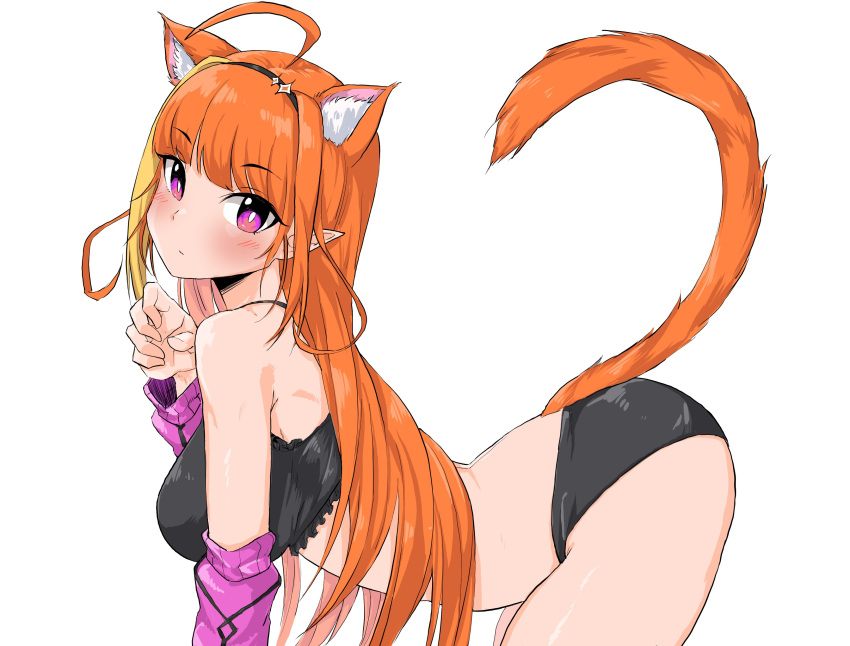 1girl absurdres ahoge animal_ear_fluff bangs black_hairband blonde_hair blunt_bangs breasts bright_pupils cat_girl cat_tail detached_sleeves eyebrows_visible_through_hair from_side hair_behind_ear hairband head_tilt highres hololive kemonomimi_mode kiryu_coco large_breasts multicolored_hair orange_hair pink_eyes pointy_ears ryoshi solo streaked_hair tail virtual_youtuber white_background white_pupils