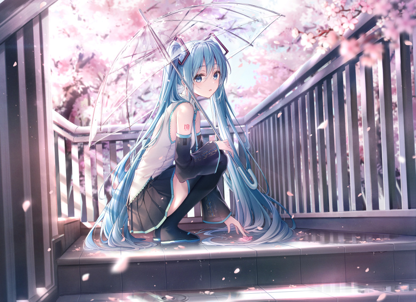 1girl 39 aqua_eyes aqua_hair aqua_neckwear bare_shoulders black_legwear black_skirt black_sleeves blurry blurry_foreground cherry_blossoms commentary dangmyo day depth_of_field detached_sleeves falling_petals from_side grey_shirt hair_ornament hatsune_miku highres holding holding_umbrella long_hair looking_at_viewer looking_to_the_side miniskirt necktie outdoors petals pleated_skirt reaching revision shirt shoulder_tattoo skirt sleeveless sleeveless_shirt solo spring_(season) squatting stairs tattoo thigh-highs transparent transparent_umbrella twintails umbrella very_long_hair vocaloid zettai_ryouiki