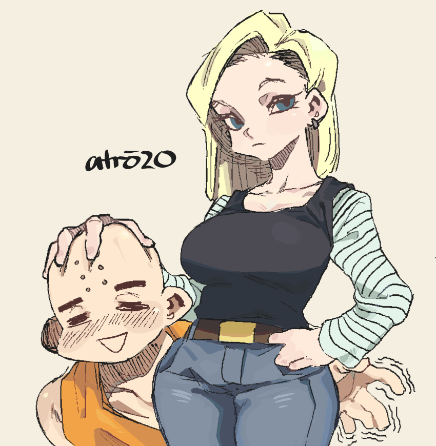 1boy 1girl absurdres android_18 bald belt blonde_hair breasts denim dragon_ball dragon_ball_z earrings hand_on_another's_head highres jeans jewelry kuririn long_sleeves medium_breasts medium_hair open_mouth pants shirt_tucked_in signature simple_background smile whoopsatro yellow_background