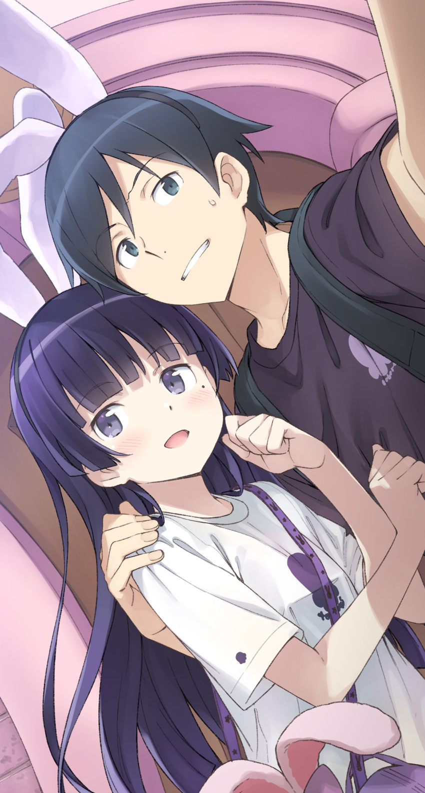 1boy 1girl absurdres bag bangs black_eyes black_hair blunt_bangs blush casual gokou_ruri half-closed_eyes hand_on_another's_shoulder highres hime_cut kousaka_kyousuke long_hair mole mole_under_eye open_mouth ore_no_imouto_ga_konna_ni_kawaii_wake_ga_nai purple_hair selfie shirt smile sweatdrop t-shirt teeth violet_eyes white_shirt