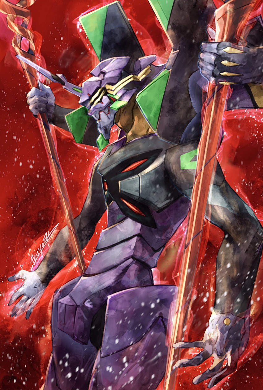 armor commentary_request dual_wielding eva_13 evangelion:_3.0_you_can_(not)_redo extra_arms extra_eyes glowing glowing_eyes highres holding horns ikuyoan lance lance_of_longinus mecha neon_genesis_evangelion no_humans partial_commentary polearm rebuild_of_evangelion signature single_horn solo weapon yellow_eyes
