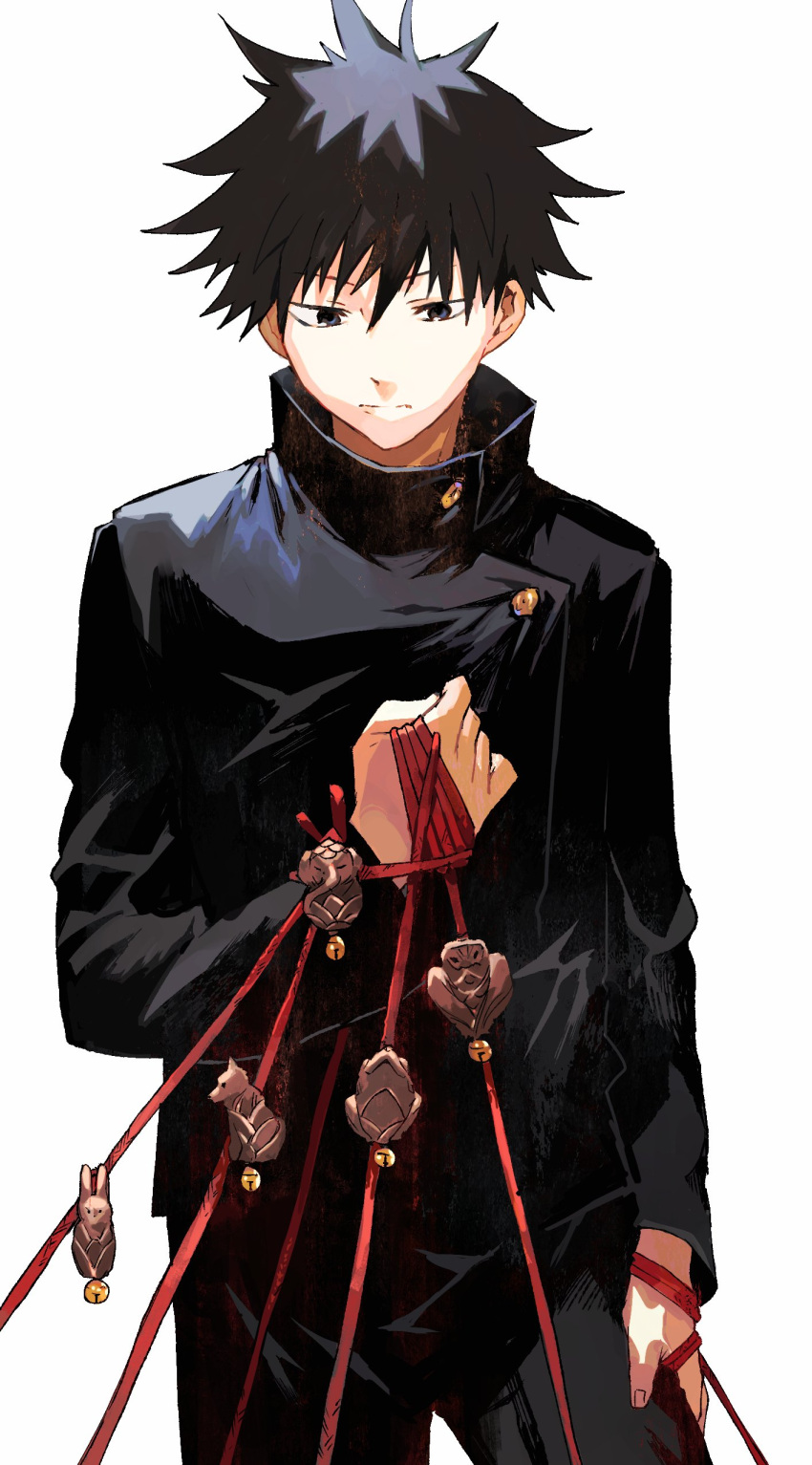 1boy absurdres black_eyes black_hair black_jacket black_pants buttons charm_(object) clenched_hand cowboy_shot fushiguro_megumi gakuran highres holding holding_rope jacket jujutsu_kaisen looking_down male_focus newo_(shinra-p) pants red_rope rope school_uniform short_hair simple_background solo spiky_hair white_background